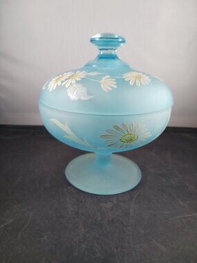 Vintage Westmoreland Blue Satin Lidded Candy Dish Painted Flowers